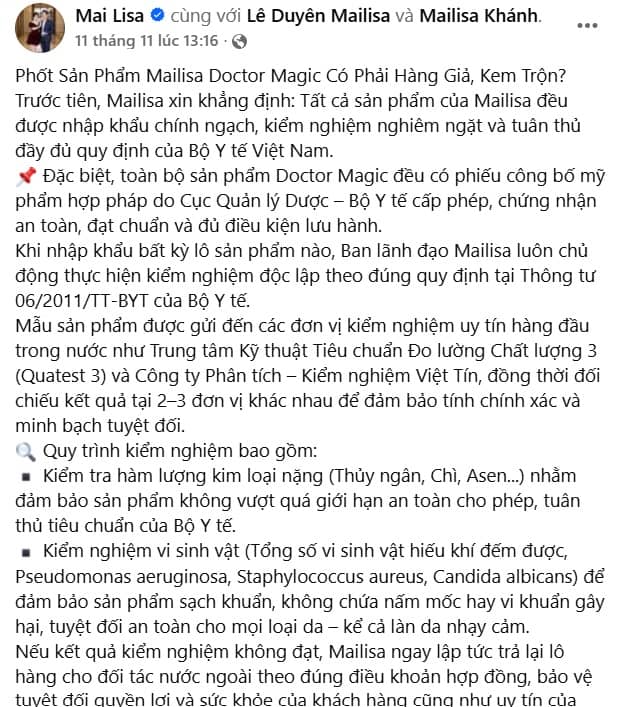 Bà chủ thẩm mỹ viện Mailisa nhiều lần khẳng định điều này trên mạng xã hội