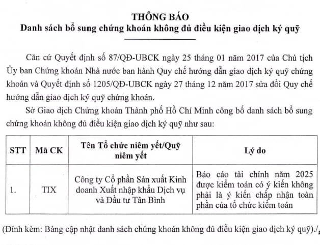 HOSE bổ sung TIX vào danh sách cắt margin