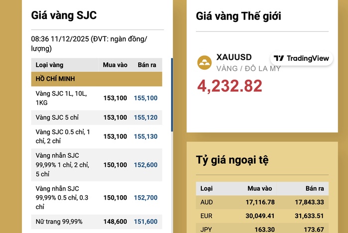 Sáng 11-12, giá vàng miếng SJC, vàng nhẫn tăng vọt