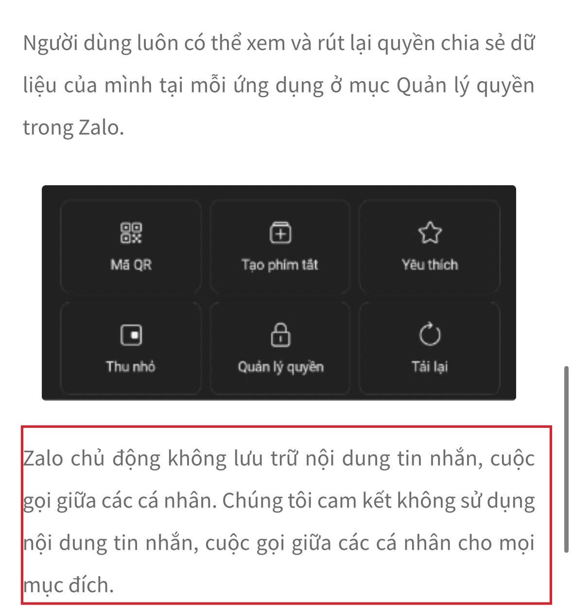 Lùm xùm vụ dữ liệu, Zalo nói không lưu trữ tin nhắn hay cuộc gọi, việc chia sẻ cho bên thứ 3 cần người dùng đồng ý