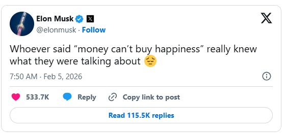 Sở hữu hơn 800 tỷ USD tài sản, Elon Musk nói “tiền không mua được hạnh phúc”
