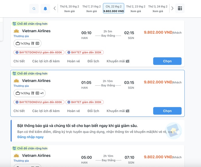 Vé máy bay khứ hồi TPHCM - Hà Nội dịp Tết: Gần 20 triệu đồng!