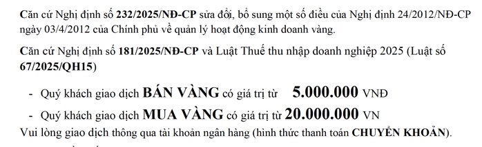 Khách giao dịch vàng từ 5 triệu đồng trở lên phải chuyển khoản