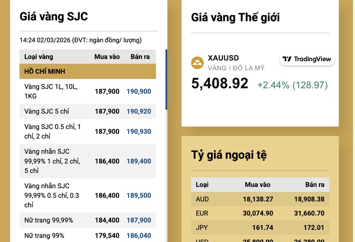 Chiều 2-3, giá vàng miếng SJC vượt 190 triệu đồng/lượng
