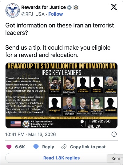 Mỹ treo thưởng lớn tìm thông tin giới lãnh đạo cấp cao Iran