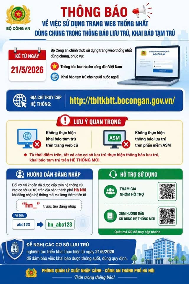 Từ 21/05 dùng chung một website khai báo lưu trú và tạm trú