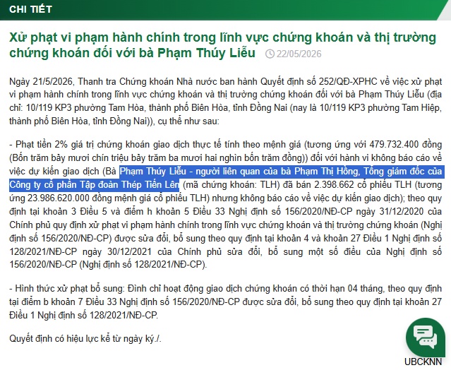 Bán "chui" cổ phiếu, chị dâu lãnh đạo TLH bị phạt gần nửa tỷ đồng, đình chỉ giao dịch 4 tháng