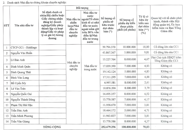 Lợi nhuận ròng CC1 sụt 15% sau kiểm toán, 14 nhà đầu tư tham gia mua 100 triệu cp riêng lẻ
