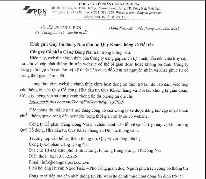 Cảng Đồng Nai công bố sự cố website