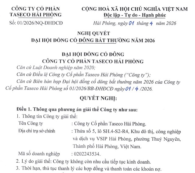 Taseco Hải Phòng bất ngờ giải thể