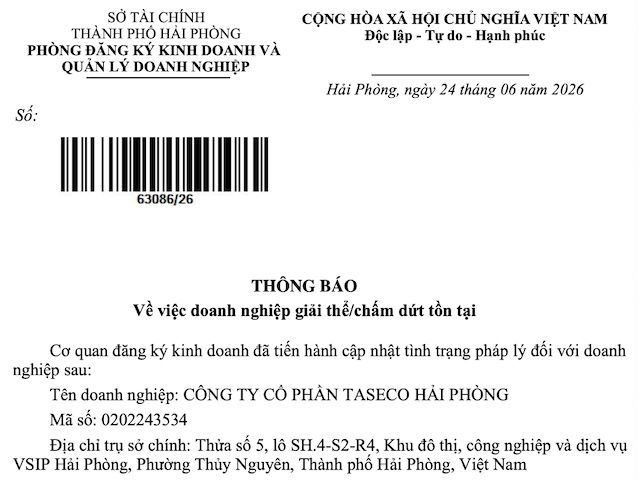 Taseco Hải Phòng bất ngờ giải thể