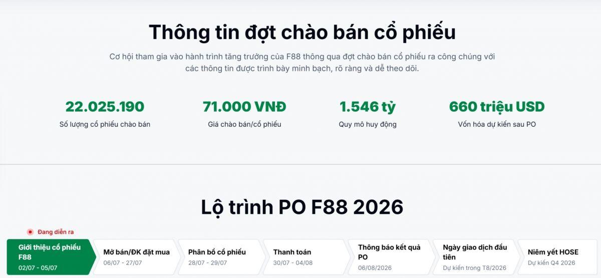F88 mở đăng ký mua cổ phiếu chào bán ra công chúng từ ngày 06/07/2026