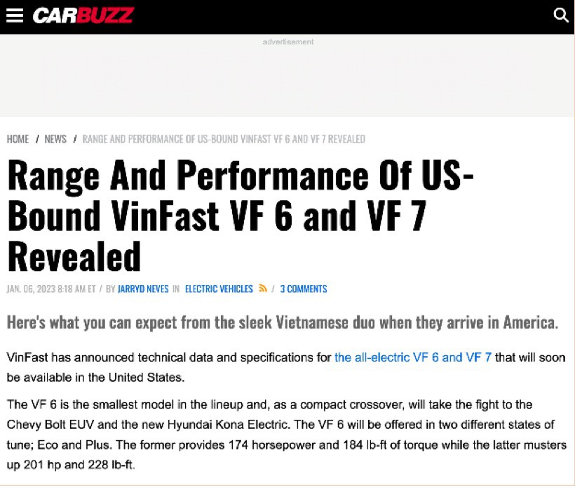 Xe điện VinFast VF 6, VF 7 nhận nhiều lời khen của truyền thông quốc tế tại CES 2023