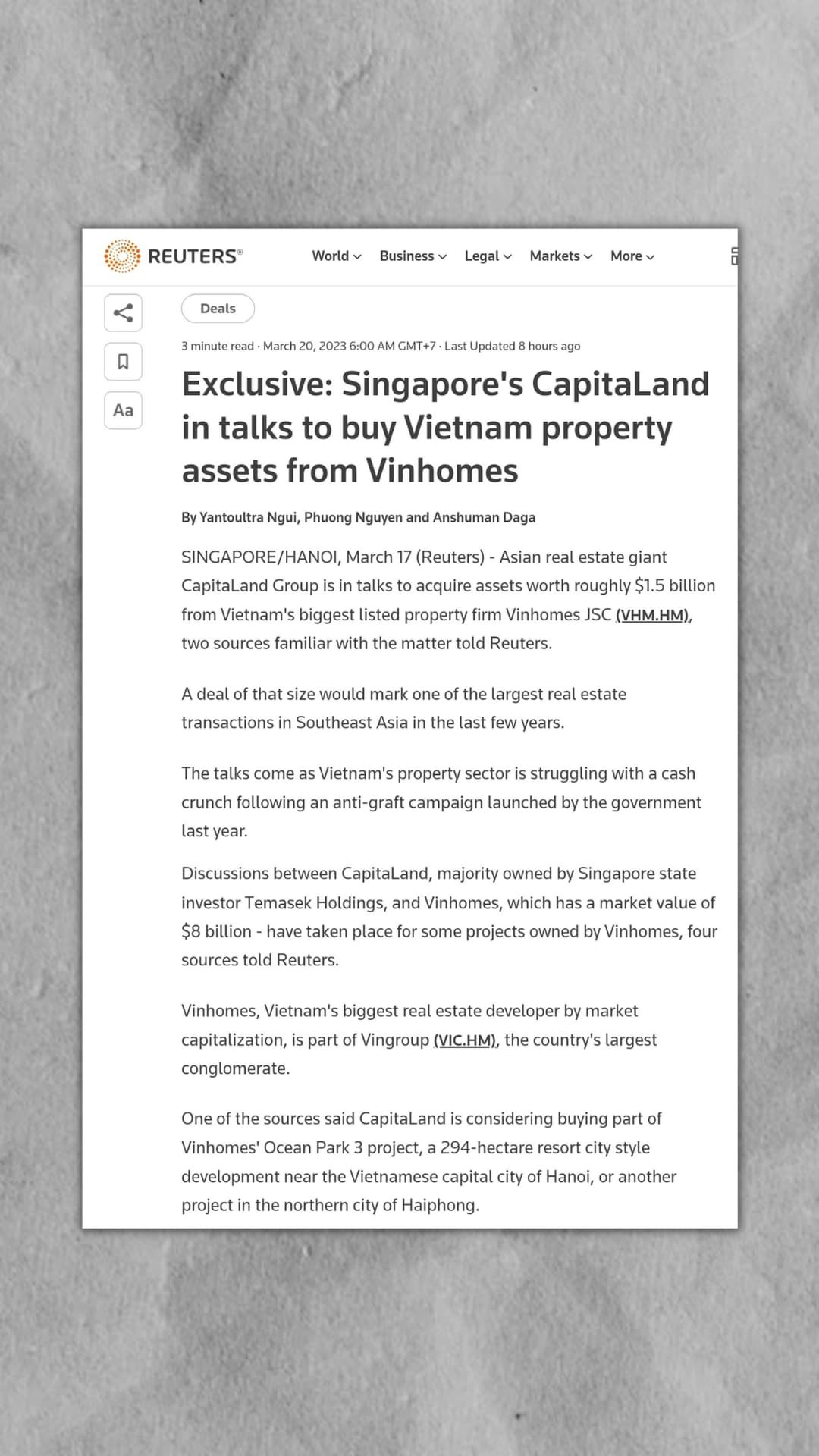 Thương vụ $1.5 tỷ của tập đoàn Vingroup với Capitaland sẽ ảnh hưởng thế nào đến giá cổ phiếu họ nhà  ...