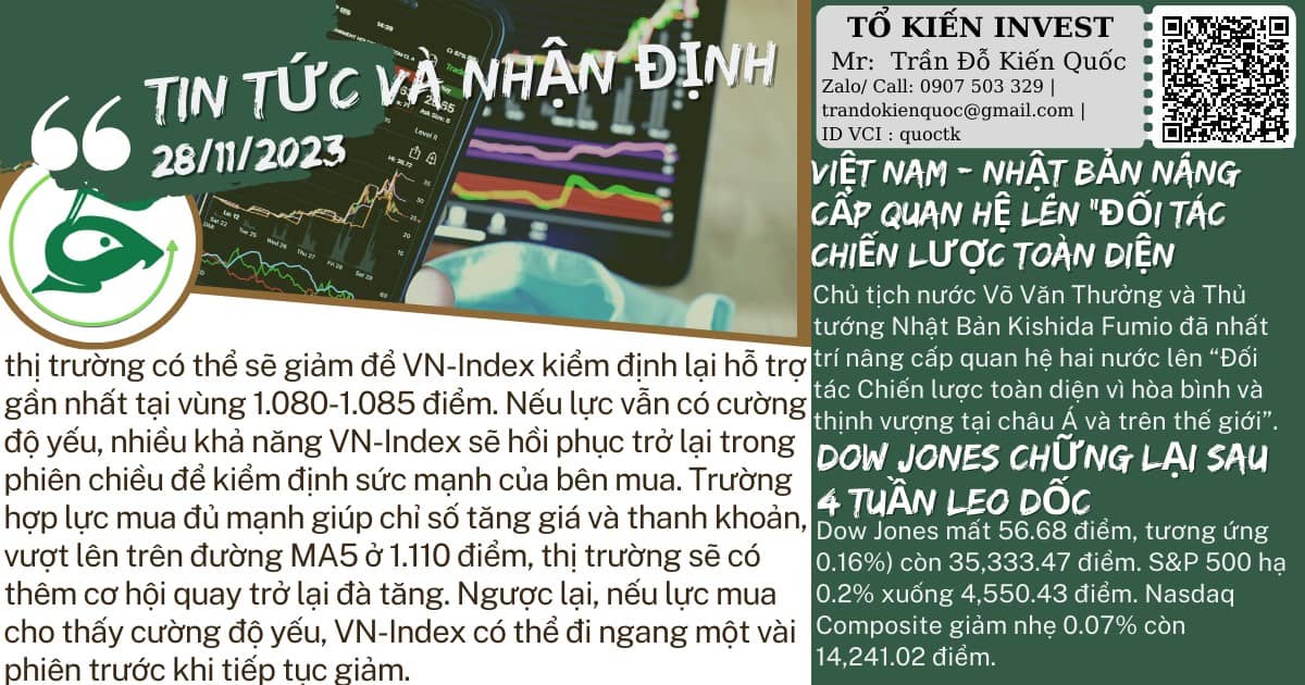 Nhận Định Và Tin Tức 28/11/2023. Thị trường có thể sẽ giảm để VN-Index kiểm định lại hỗ trợ gần nhất  ...