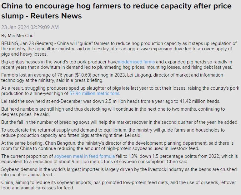 Gía đâu nành và khô đậu nành đnag gặp trở ngại lớn khi người dân Trung Quốc thua lỗ trong ngành chăn  ...