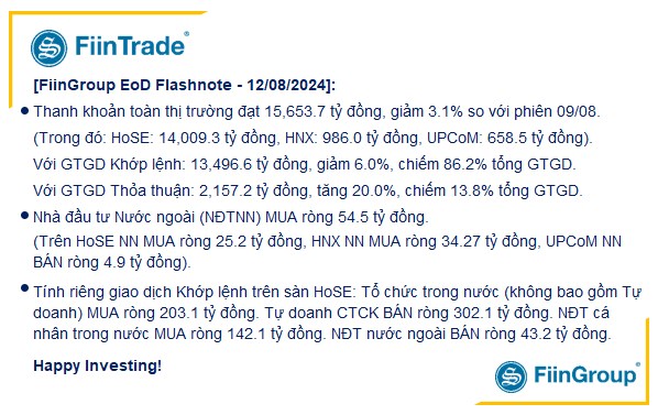 [Flashnote - 12/8/2024]: Mua chủ động áp đảo ở nhóm Tài chính kéo VNINDEX tăng cuối phiên