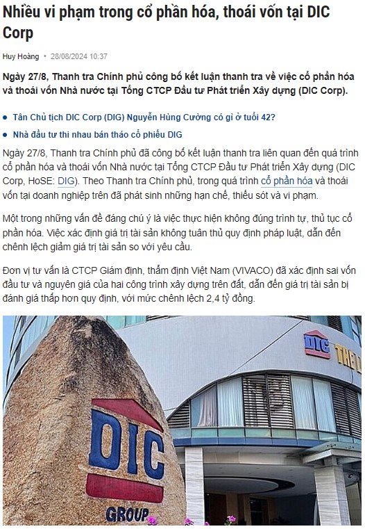 DIG bị thanh tra khiến cho nhà đầu tư bán mạnh!. Sáng 28/8 có tin cổ phiếu DIG bị thanh tra với nhiều  ...