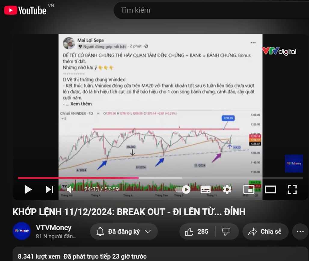 Bài viết của Mai Lợi Sepa đã được lên VTV KHỚP LỆNH (VTVMoney) 11/12/2024 rồi nhé. (Phút thứ 24). https://www.youtube.com/live/Ust0RjqgvM0?si=cSR_10WFIGUMGT98.  ...