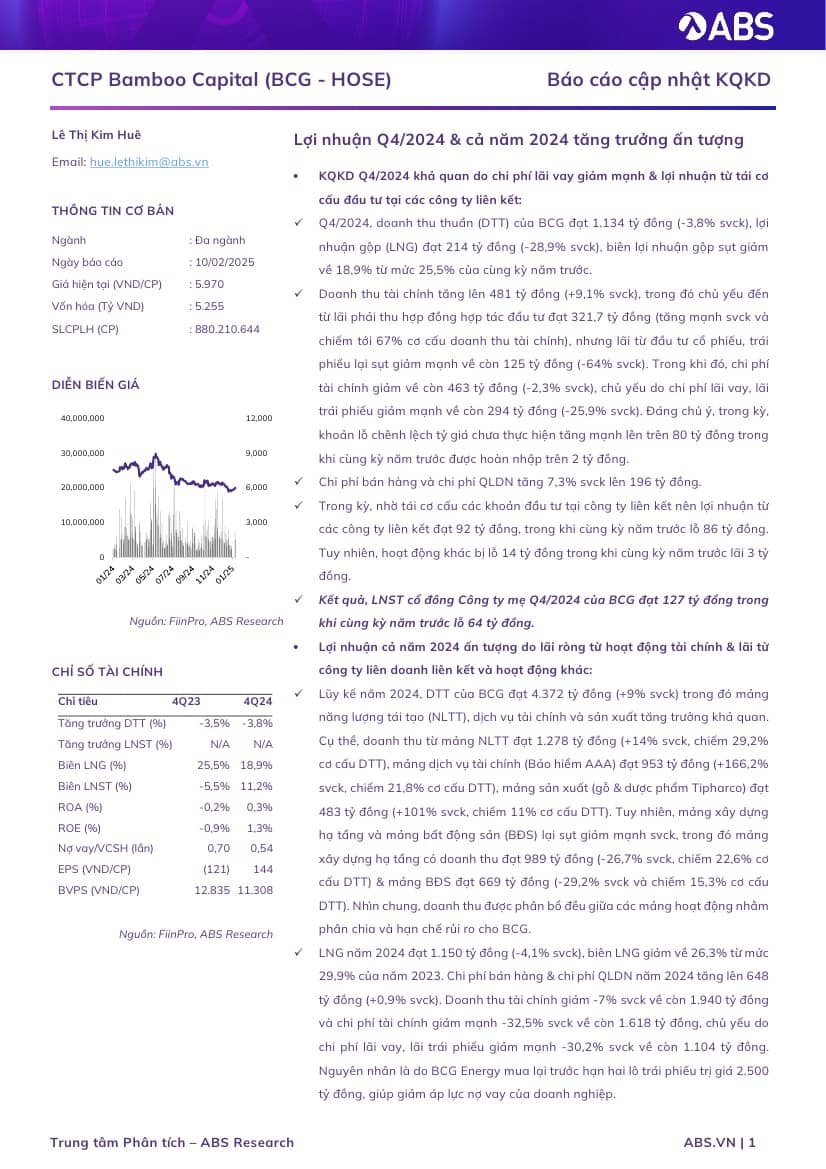 BCG: Báo cáo cập nhật Kết quả kinh doanh Quý 4/2024- Lợi nhuận Q4/2024 & cả năm 2024 tăng trưởng ấn tượng