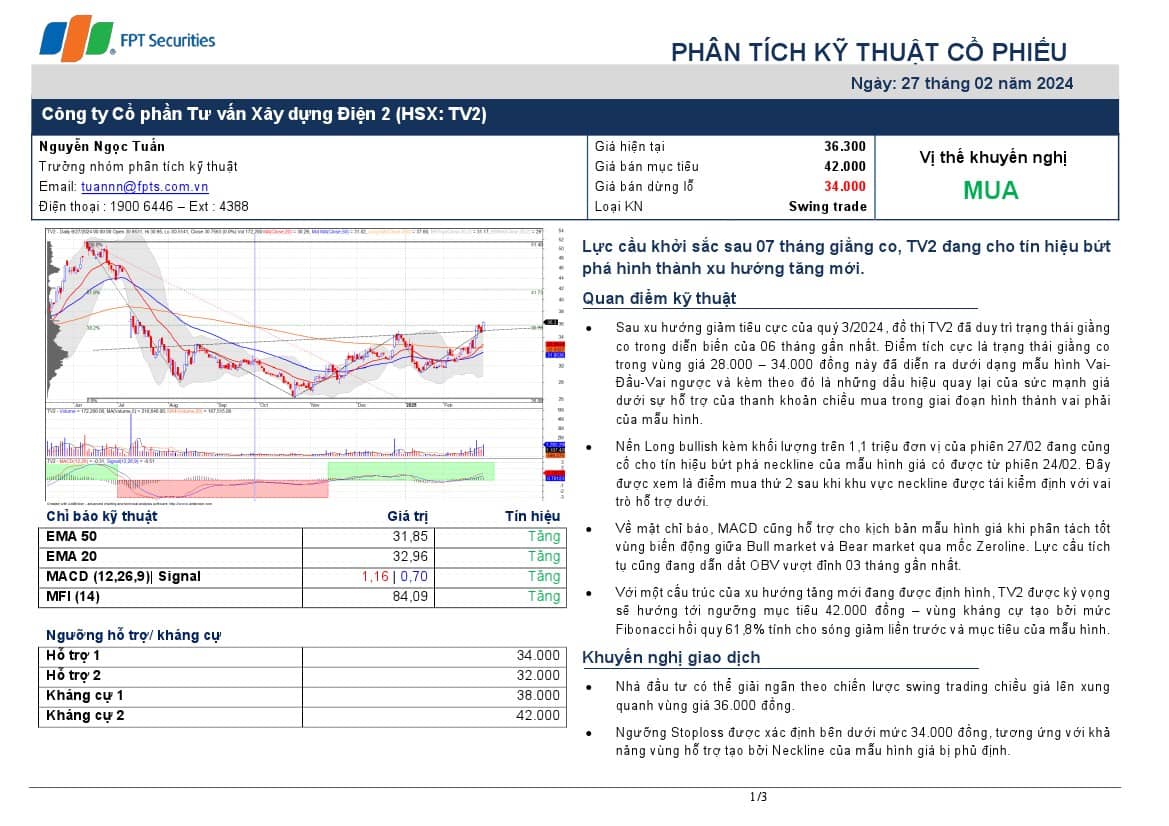 TV2: Khuyến nghị MUA với giá mục tiêu 42,000 đồng/cổ phiếu