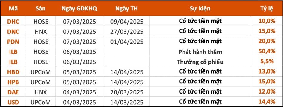 Lịch chốt quyền cổ tức tuần 03/03 - 07/03: có 7 doanh nghiệp trả cổ tức bằng tiền mặt, mức cao nhất là 20% và thấp nhất là 10%.