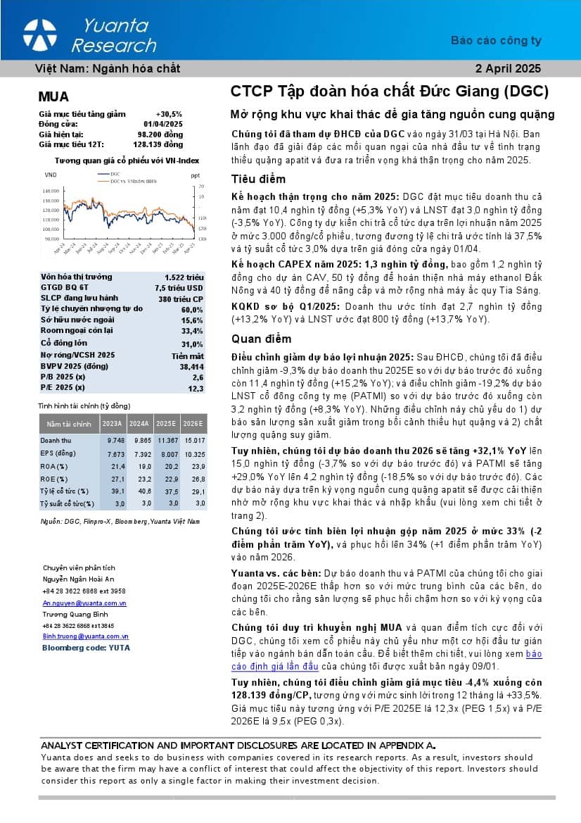 DGC: Khuyến nghị MUA với giá mục tiêu 128,139 đồng/cổ phiếu