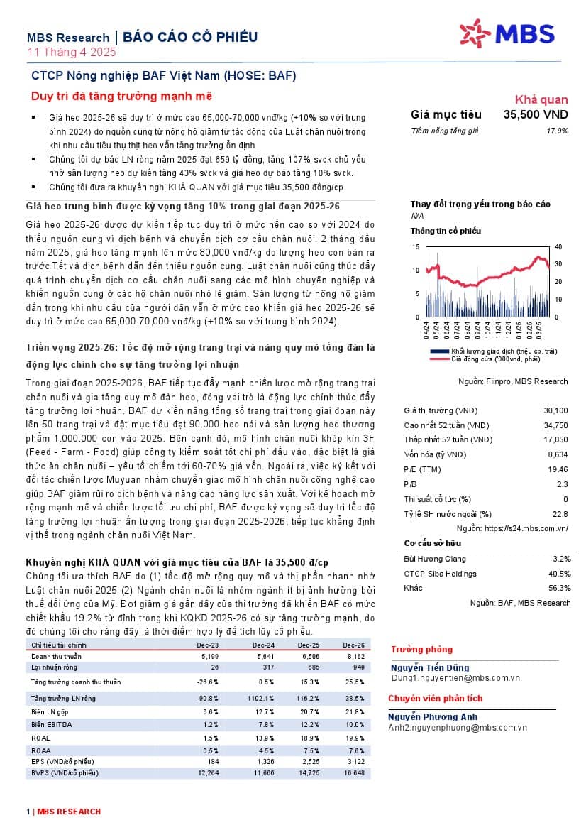 BAF: Khuyến nghị Khả quan với giá mục tiêu 35,500 đồng/cổ phiếu