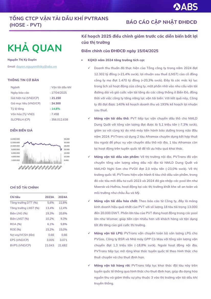 PVT: Khuyến nghị KHẢ QUAN với giá mục tiêu 24,300 đồng/cổ phiếu