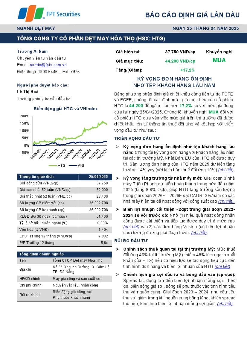 HTG: Khuyến nghị MUA với giá mục tiêu 44,200 đồng/cổ phiếu