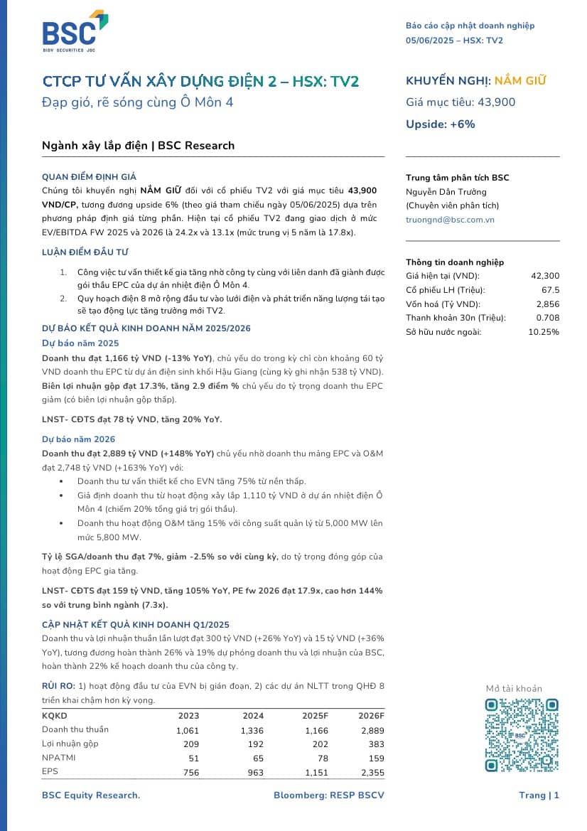 TV2: Khuyến nghị NẮM GIỮ với giá mục tiêu 43,900 đồng/cổ phiếu