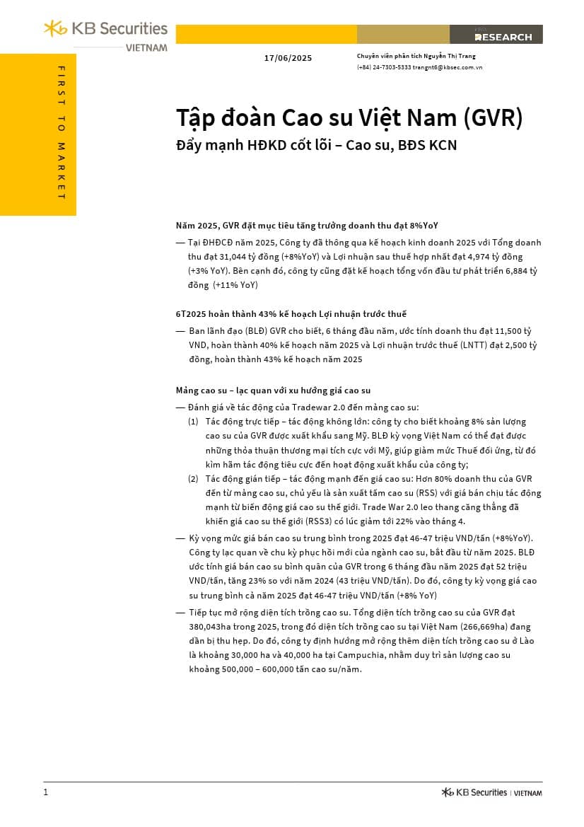 GVR: Đẩy mạnh HĐKD cốt lõi – Cao su, BĐS KCN