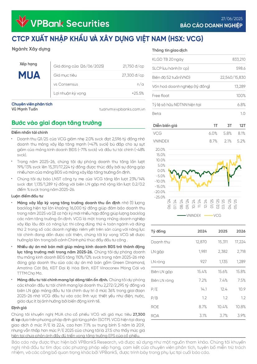 VCG: Khuyến nghị MUA với giá mục tiêu 27,300 đồng/cổ phiếu