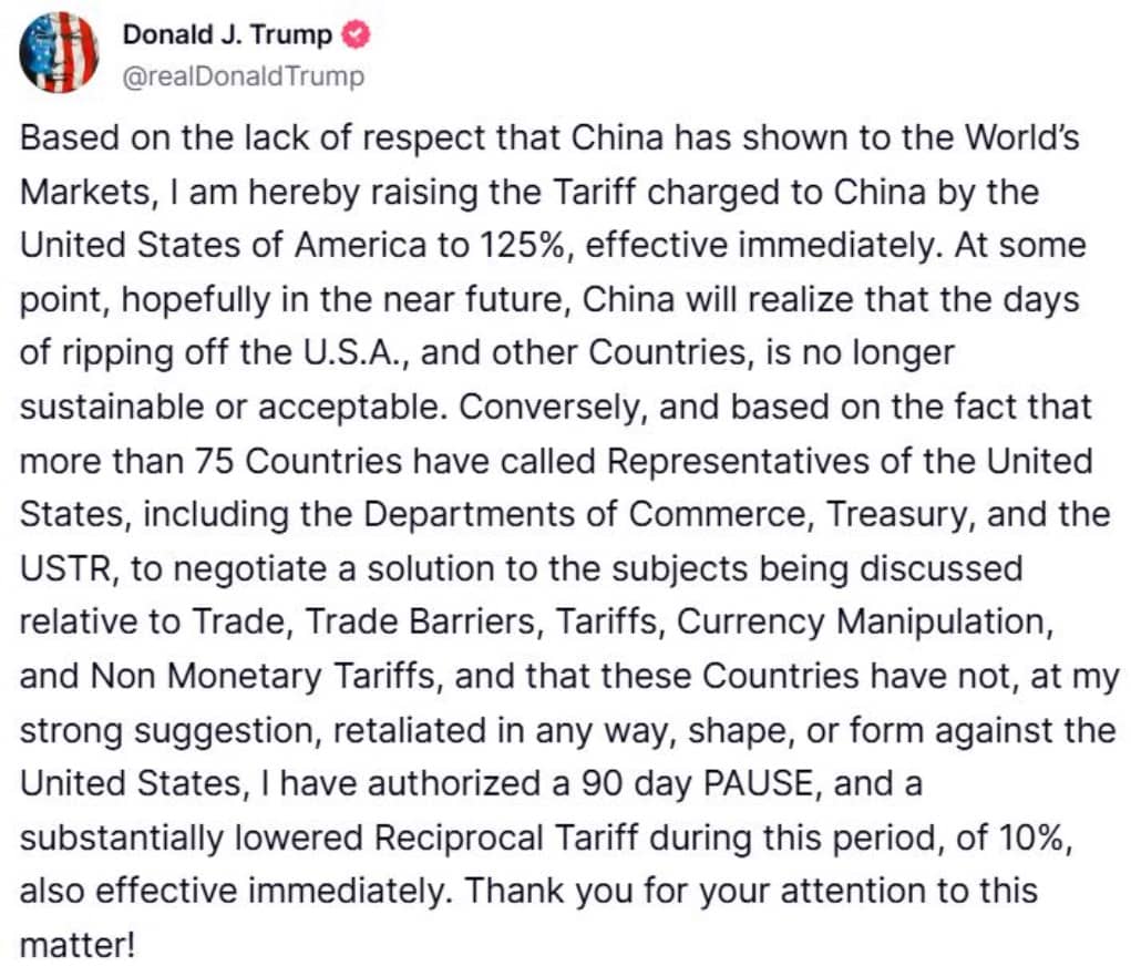 Trump áp thuế Trung Quốc 125%, tạm dừng áp thuế 90 ngày với hơn 75 nước 'không trả đũa'. Tổng thống  ...