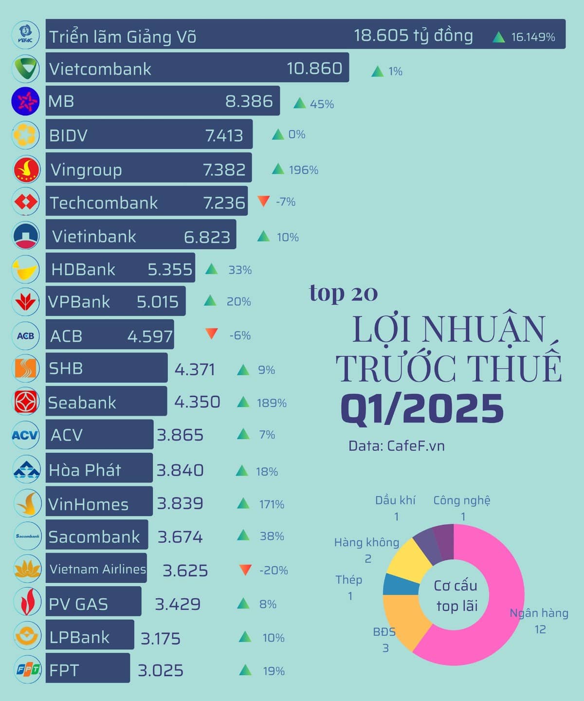 Top 20 doanh nghiệp lãi lớn nhất quý 1/2025: Ngân hàng và bất động sản thống trị, chỉ duy nhất 1 đại diện sản xuất