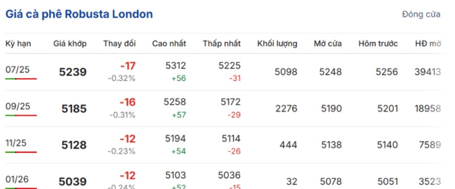 Giá cà phê ngày 8/5/2025: Robusta xuống dưới 5.240 USD/tấn, thị trường đối mặt áp lực nguồn cung