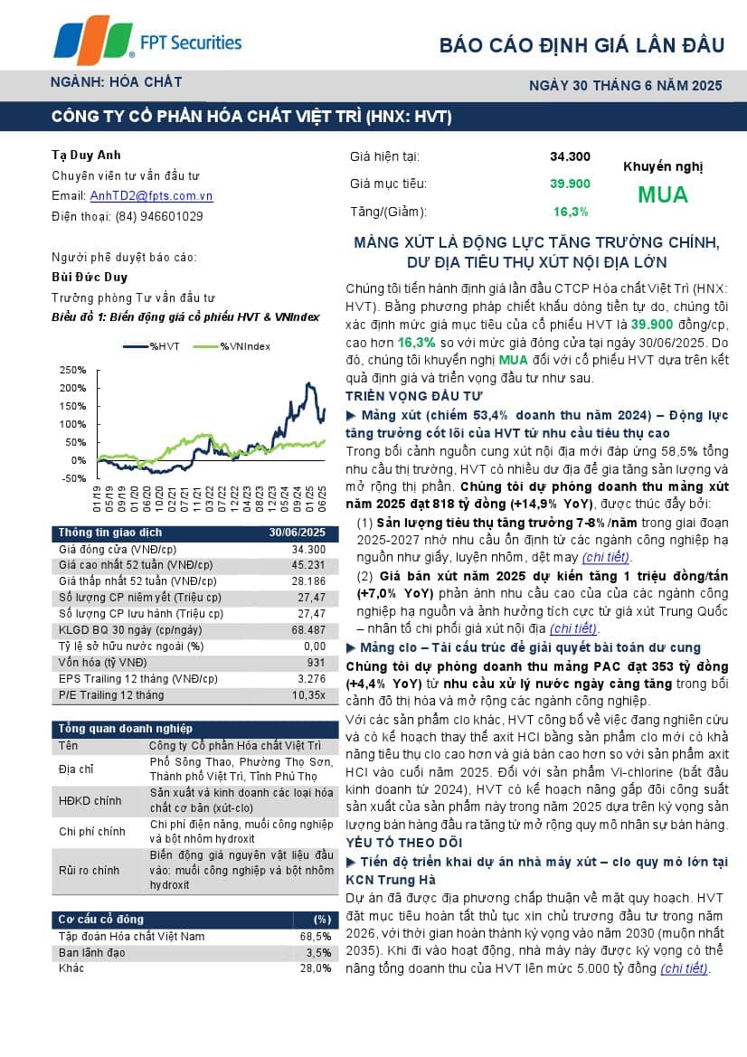HVT: Khuyến nghị MUA với giá mục tiêu 39,900 đồng/cổ phiếu
