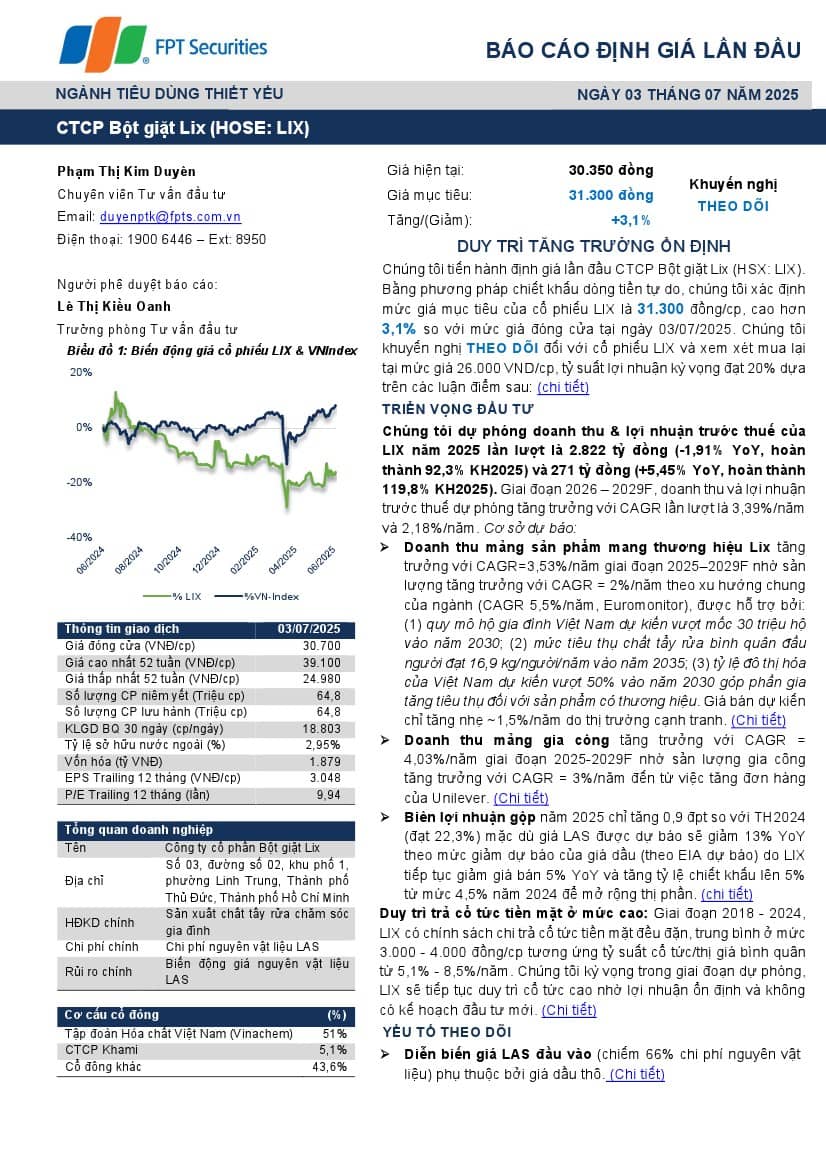 LIX : Khuyến nghị THEO DÕI với giá mục tiêu 31,300 đồng/cổ phiếu