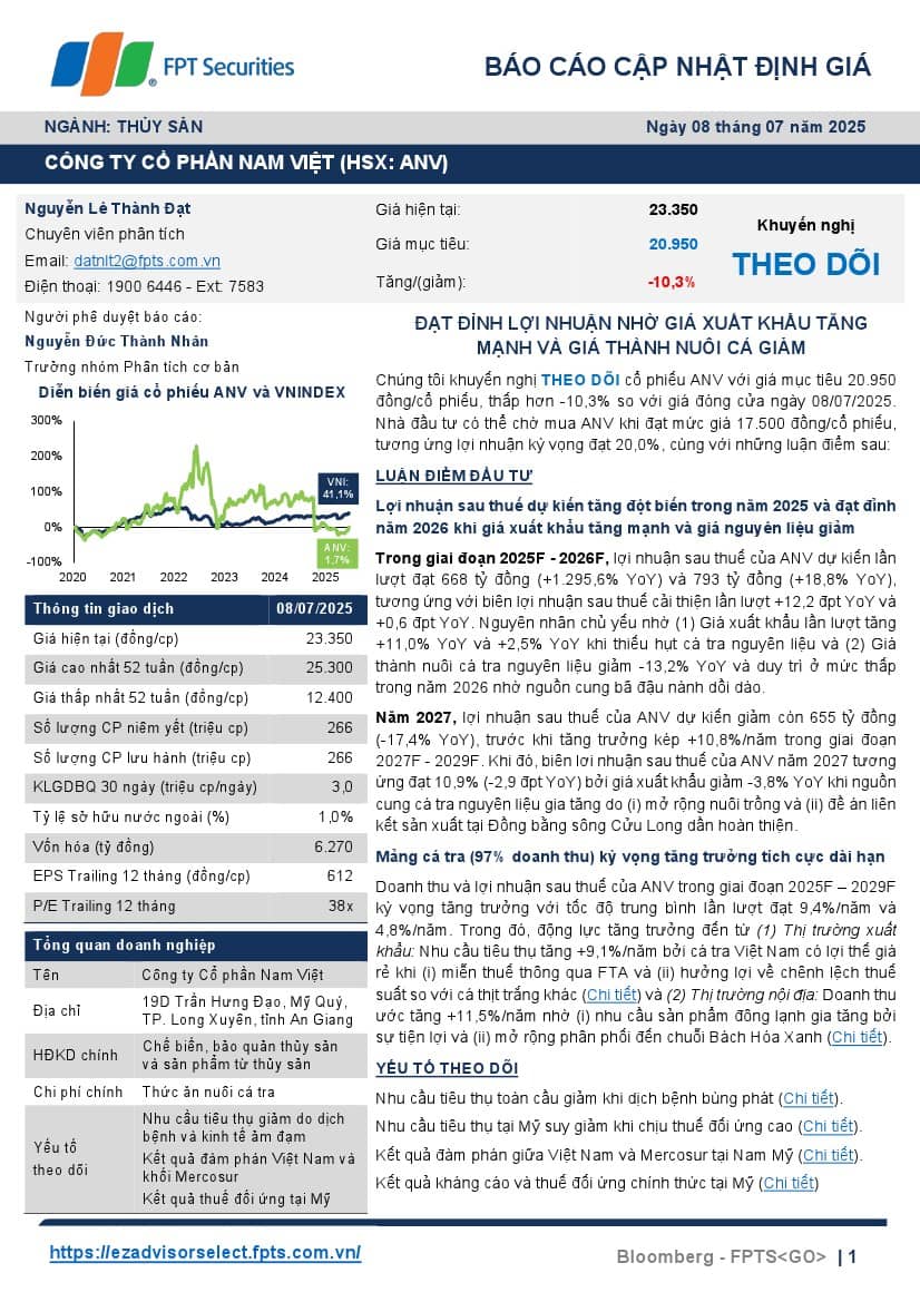 ANV: Khuyến nghị THEO DÕI với giá mục tiêu 20,950 đồng/cổ phiếu
