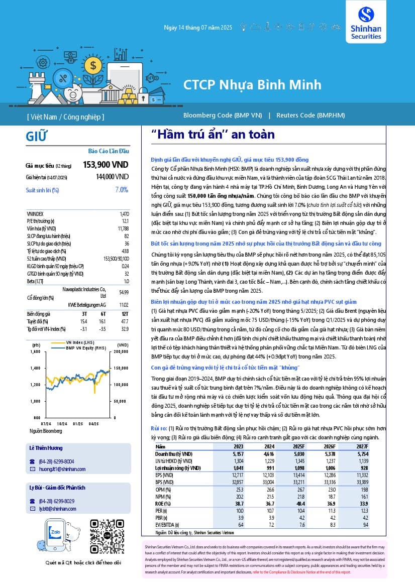 BMP: Khuyến nghị NẮM GIỮ với giá mục tiêu 153,900 đồng/cổ phiếu