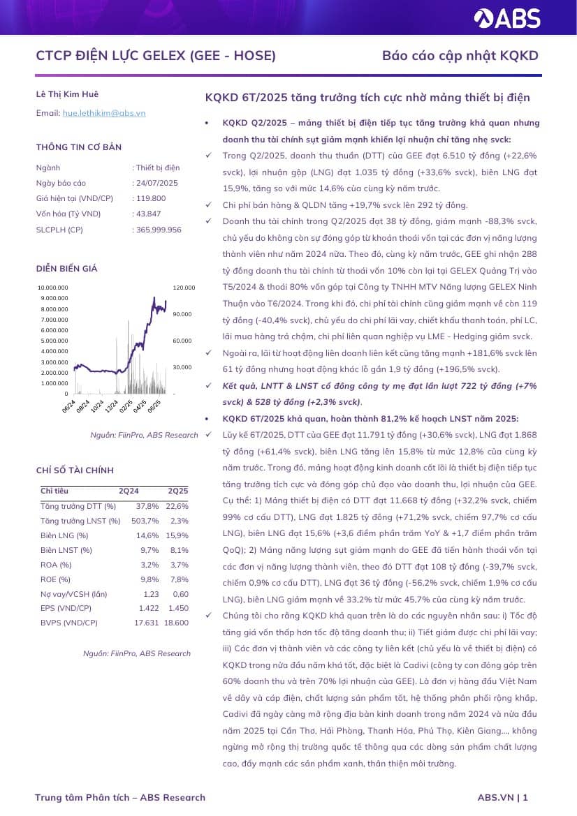 GEE: Báo cáo cập nhật KQKD 6T/2025