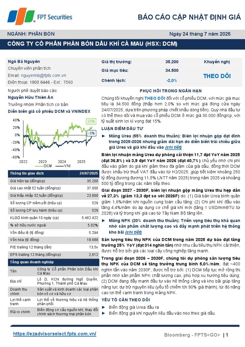 DCM: Khuyến nghị THEO DÕI với giá mục tiêu 34,500 đồng/cổ phiếu