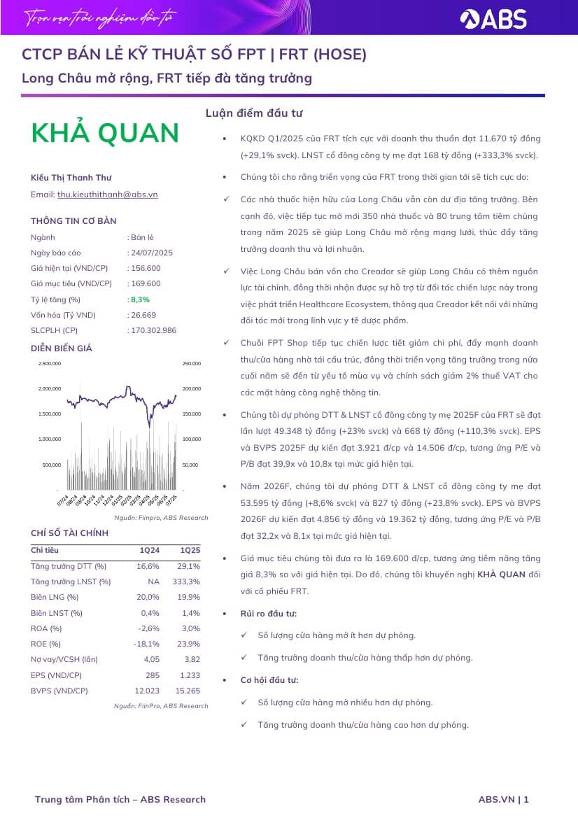 FRT: Khuyến nghị KHẢ QUAN với giá mục tiêu 169,600 đồng/cổ phiếu