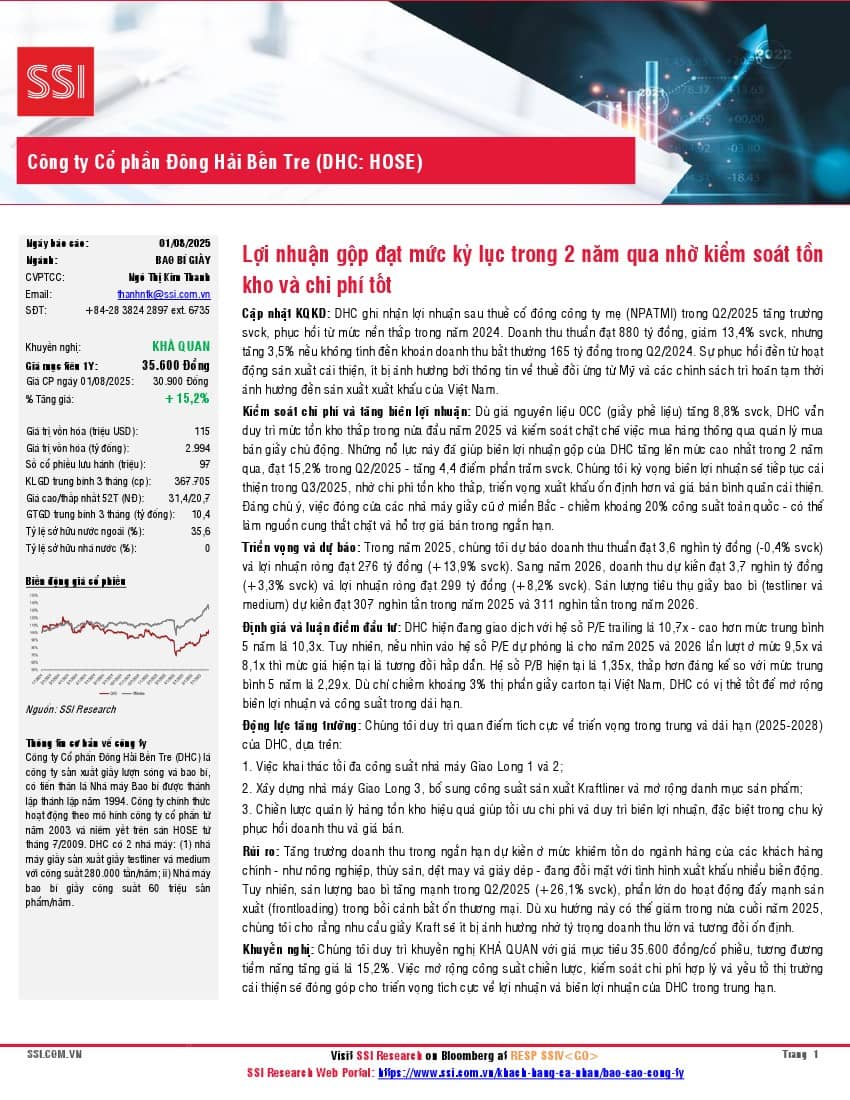 DHC: Khuyến nghị KHẢ QUAN với giá mục tiêu 35,600 đồng/cổ phiếu