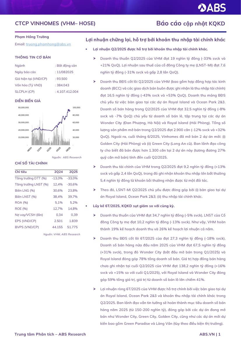 VHM: Báo cáo cập nhật KQKD Q2/2025