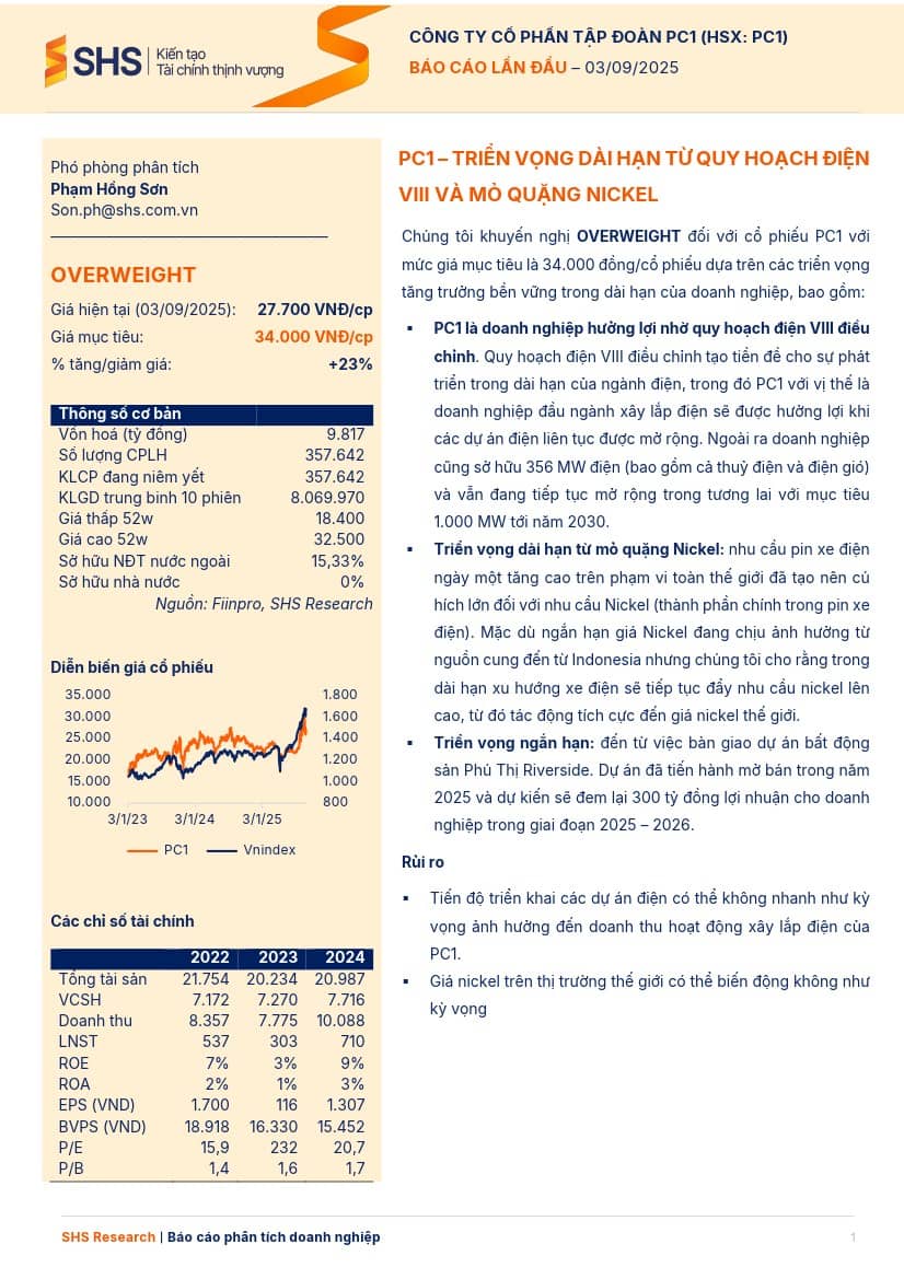 PC1: Khuyến nghị OVERWEIGHT với giá mục tiêu 34,000 đồng/cổ phiếu