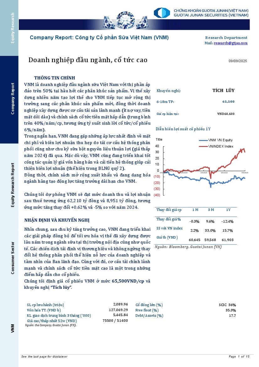 VNM: Khuyến nghị TÍCH LŨY với giá mục tiêu 65,500 đồng/cổ phiếu