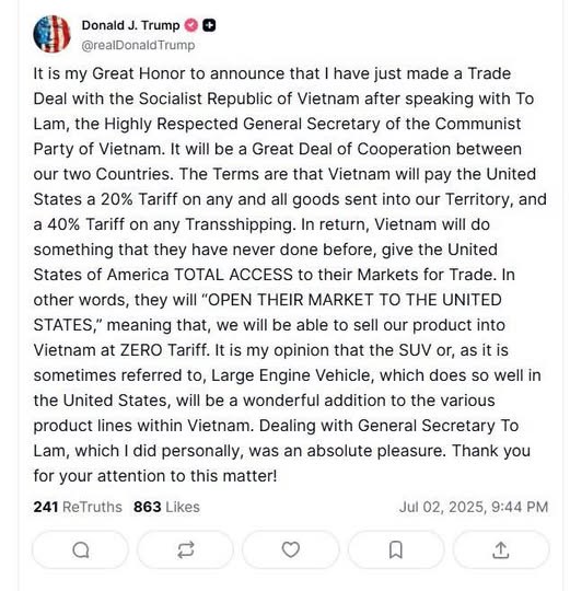 Chính sách thuế mới Mỹ ảnh hưởng thế nào đến Việt Nam?. Tối 2/7, Tổng thống Mỹ Donald J. Trump bất ngờ  ...