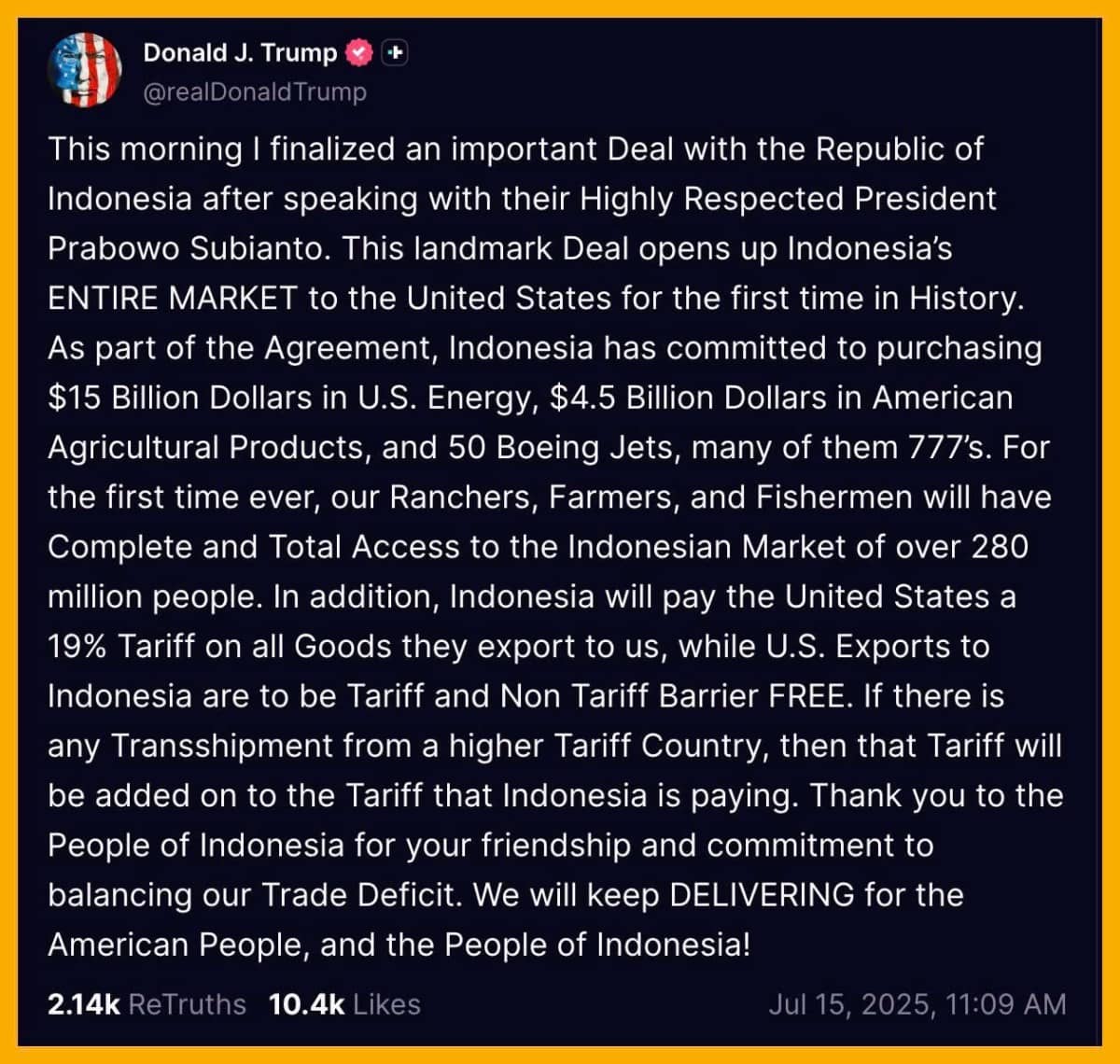 Trump ký thỏa thuận thương mại “một chiều” với Indonesia: Ai thật sự hưởng lợi?