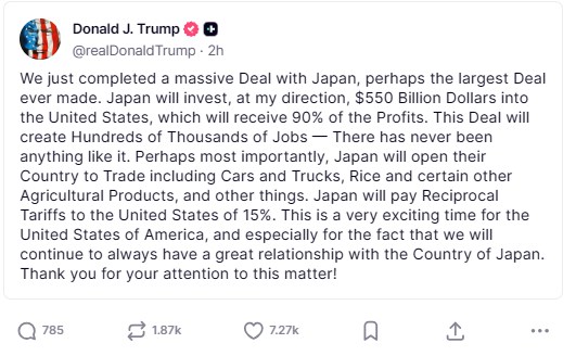 Tổng thống Donald Trump công bố thỏa thuận thương mại “khổng lồ” với Nhật Bản với mức thuế 15%